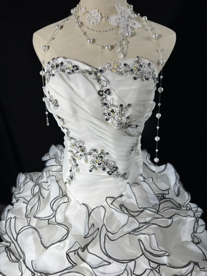 Vintage A Line Sweetheart Neck Appliques Layered Organza Prom Dress Evening Dress SH5605