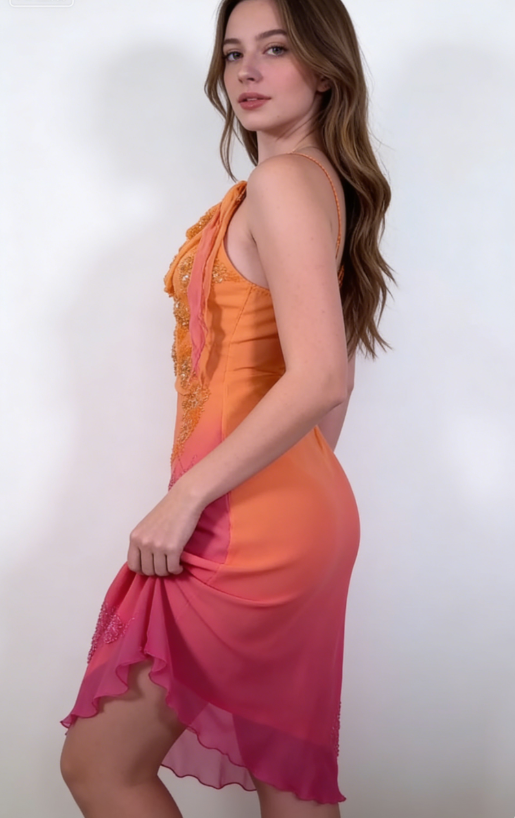Unique Sheath Spaghetti Strap Beaded Pink Orange Ombre Chiffon Party Dress SH2711