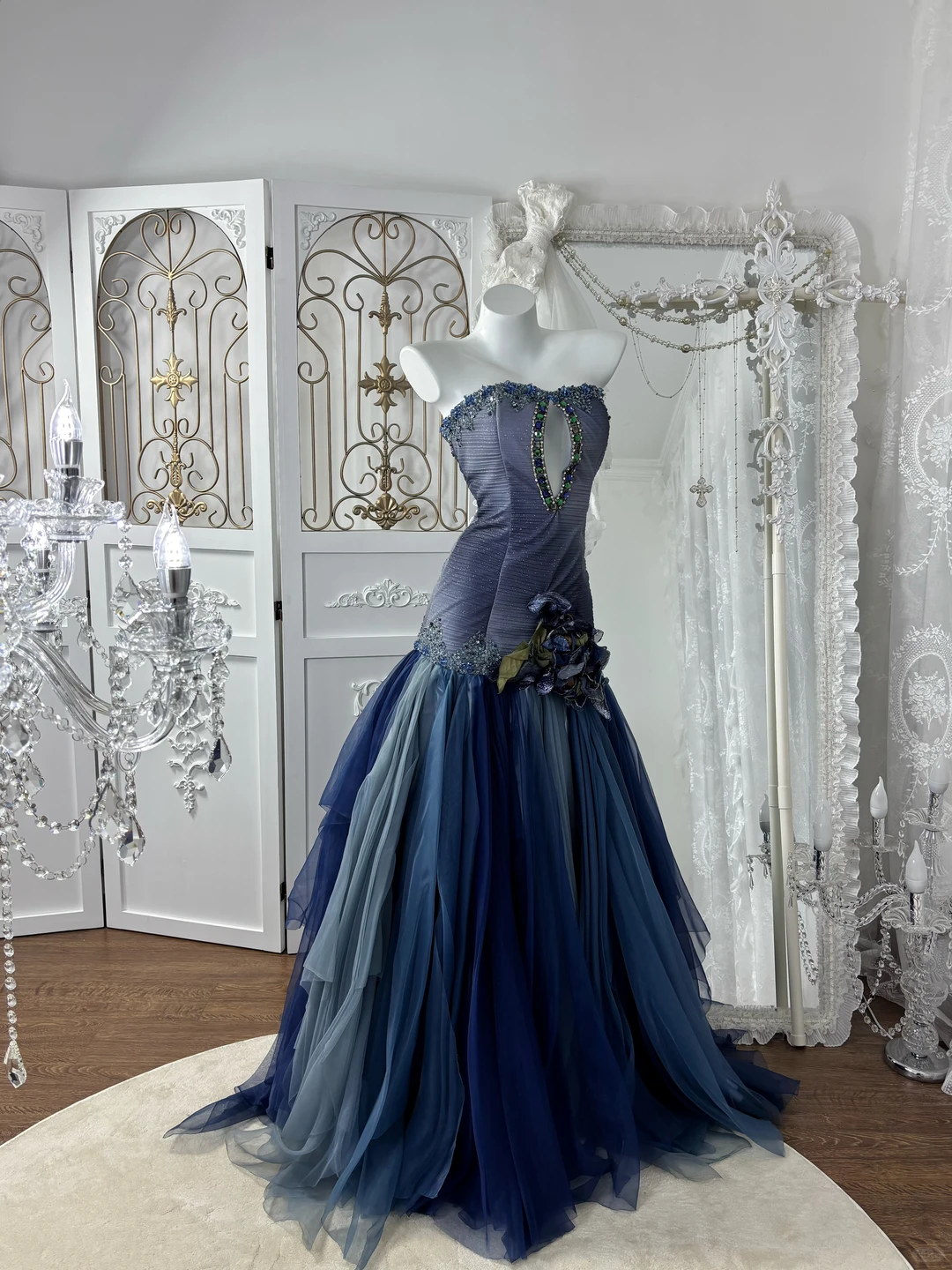 Vintage Blue Ombre A Line Strapless Shiny Beaded Tulle Prom Dress Sweet 16 Dress SH5981