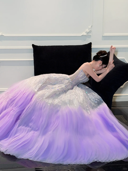 Stunning Ball Strapless Sequin Purple Tulle Long Prom Dress Party Dress SH4689
