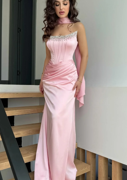 Sweety Pink Sheath Strapless Beaded Satin Prom Dress Wedding Guest Dress SH5419