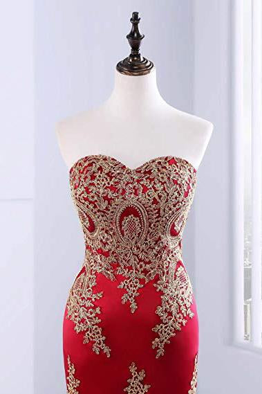 Floor Length Sweetheart Mermaid Red Prom Dress, Gold Appliqued Long Evening Dress M1525