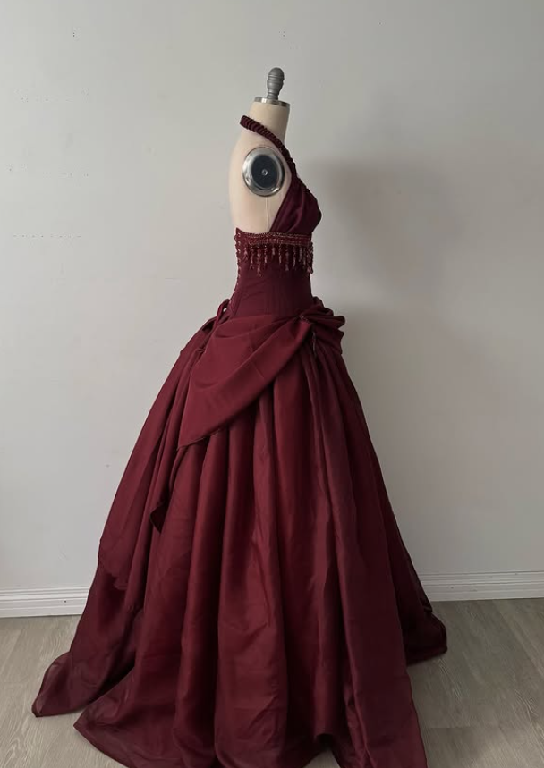 Vintage Burgundy Halter Beaded Satin Long Prom Dress Party Dress SH5531