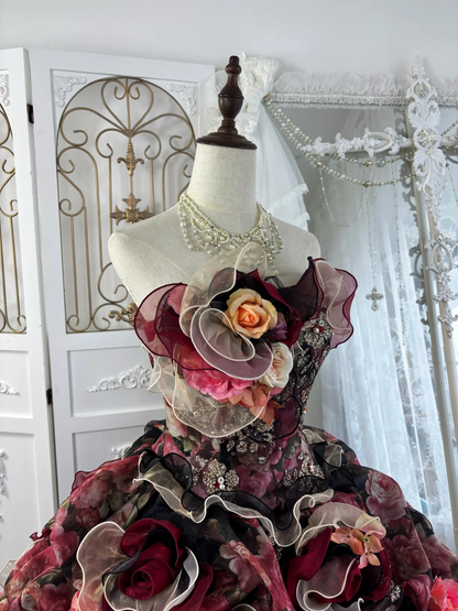 Vintage Black-Red Ball Gown Strapless 3D Floral Layered Organza Prom Dress Sweet 16 Dress SH5784