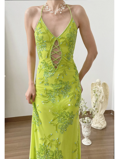 Vintage Halter Green Beaded Chiffon Open Back Long Prom Dress Formal Dress SH3865