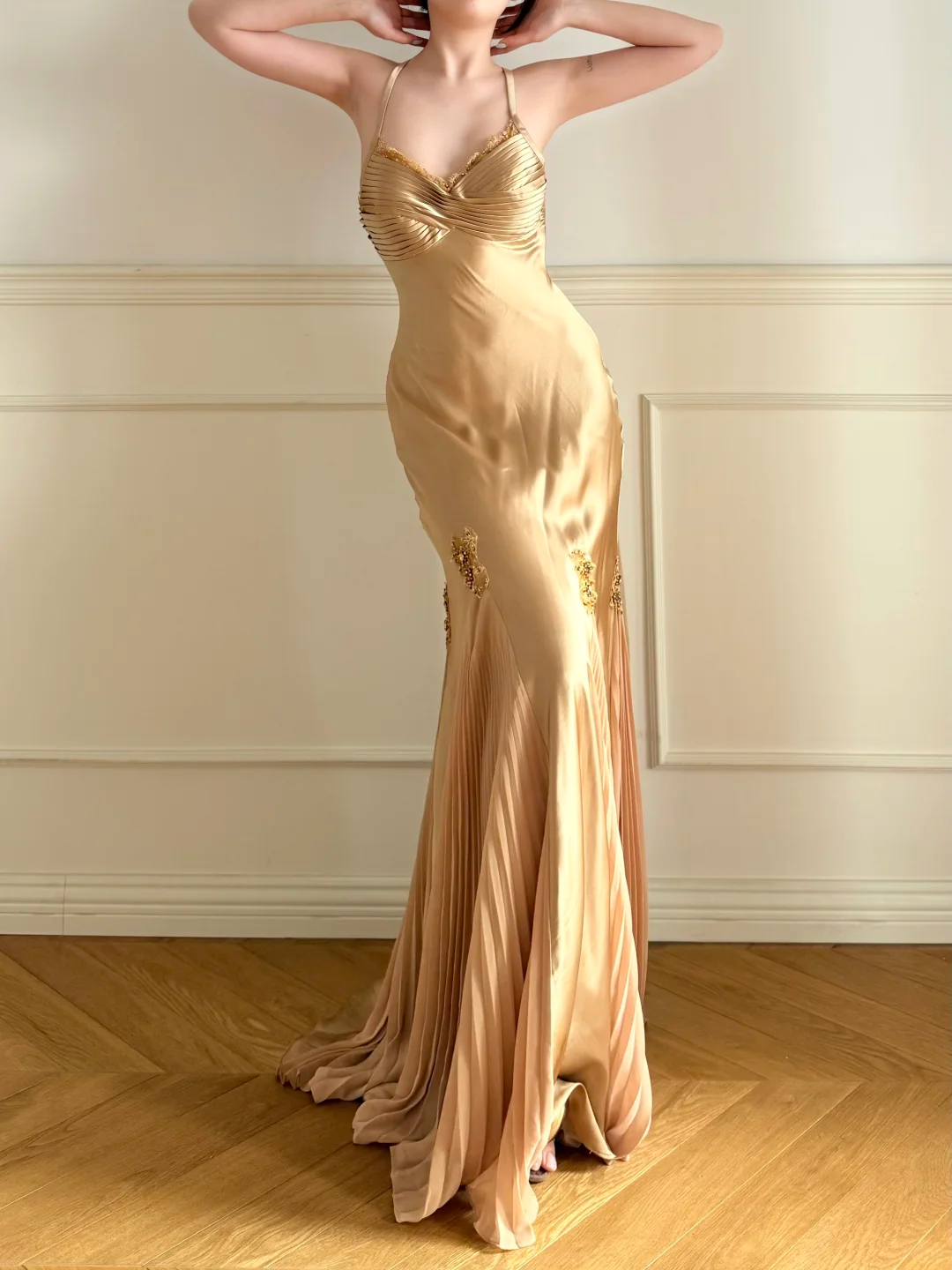Vintage Elegant Mermaid Straps Beaded Gold Chiffon Satin Wedding Guest Dress Prom Dress SH5440