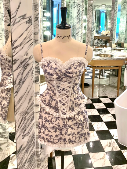Two Piece Sheath Strapless Blue Print Floral Satin Short Prom Dress Homecoming Dress SH5839