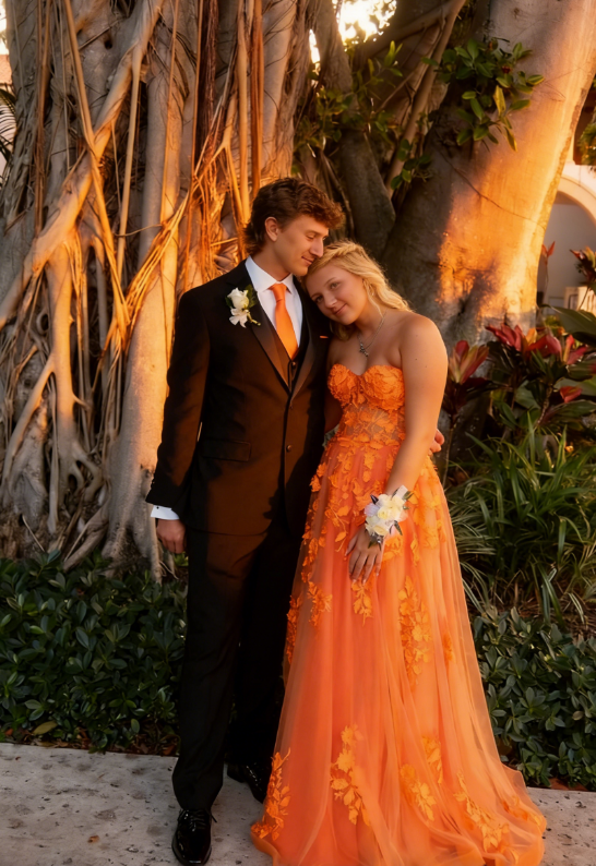 Strapless Tulle Appliques Long Evening Dress Orange Prom Dress SH965