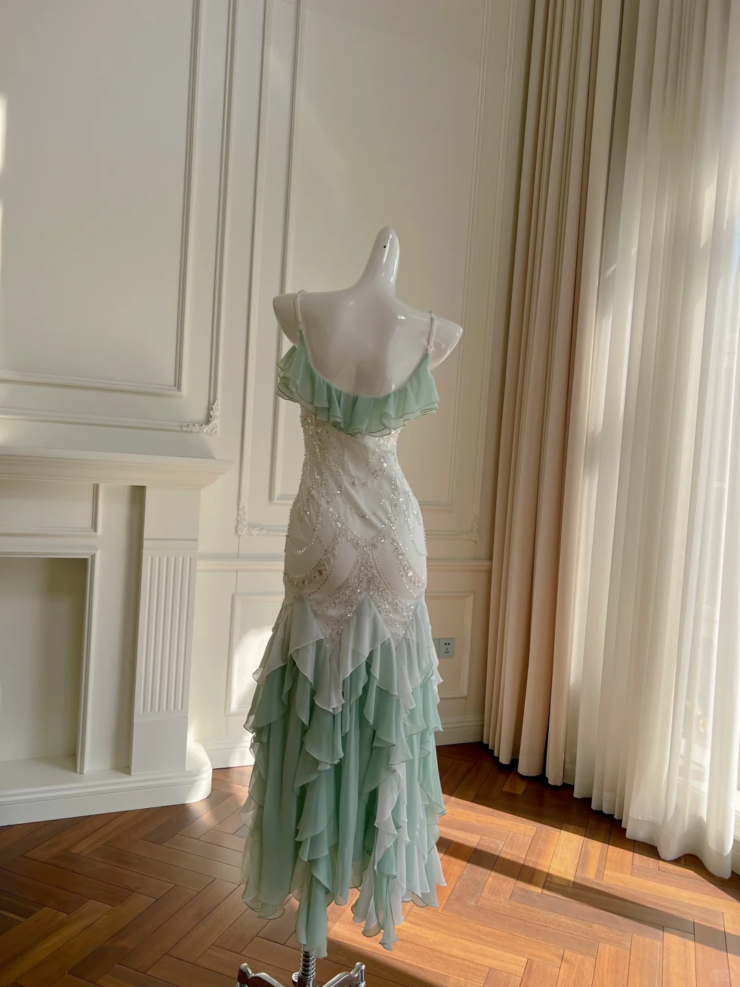 Stunning Mermaid Spaghetti Strap Beaded Ruffle Green White Chiffon Prom Dress Evening Dress SH3011