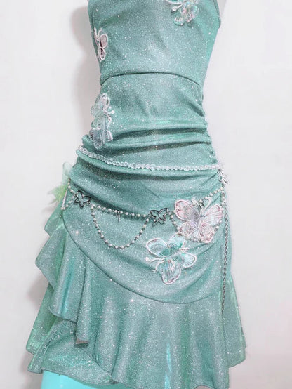 Fashion Mint Green Sparkling Sequin Spaghetti Strap Ruffled Hem Short 16th Birthday Party Dress Homecoming Dress D1529