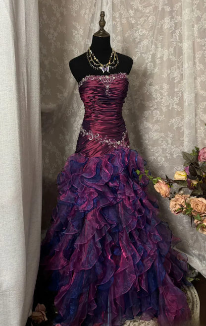 Vintage Grape A Line Strapless Appliques Ruffle Organza Long Prom Dress SH5425
