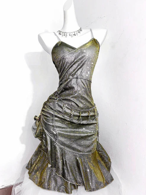 Vintage Green Spaghetti Strap Ruffled Hem Hem Short 16th Birthday Party Dress Homecoming Dress D1530