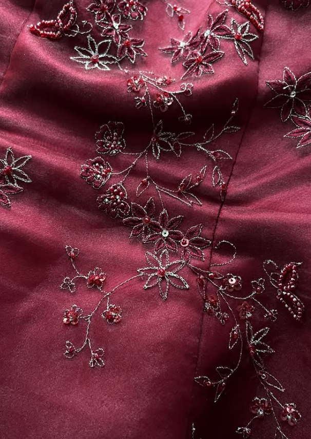 Vintage A Line Strapless Exquisite Beaded Burgundy Satin Prom Dress Evening Dress SH6073