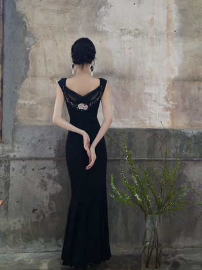 Vintage Black Mermaid Embroidery Satin Prom Dress Evening Dress Date Dress SH5600