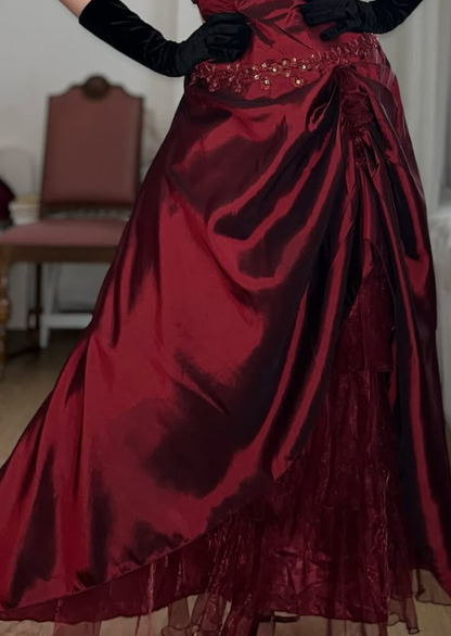 Vintage A Line Straps Appliques Burgundy Satin Prom Dress Evening Dress SH6072
