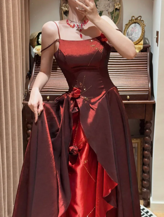 Stunning Burgundy A Line Straps Floral Beaded Ruffle Satin Prom Dress SH5652