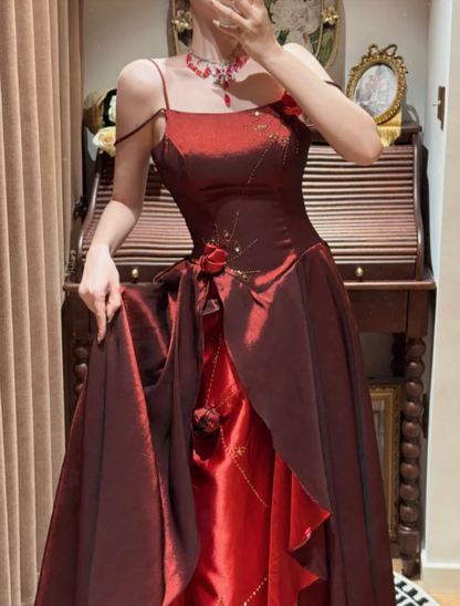 Stunning Burgundy A Line Straps Floral Beaded Ruffle Satin Prom Dress SH5652