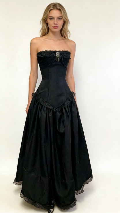 Black Strapless A-Line Chiffon Vintage Gothic Prom Dresses Birthday Outfits, D850
