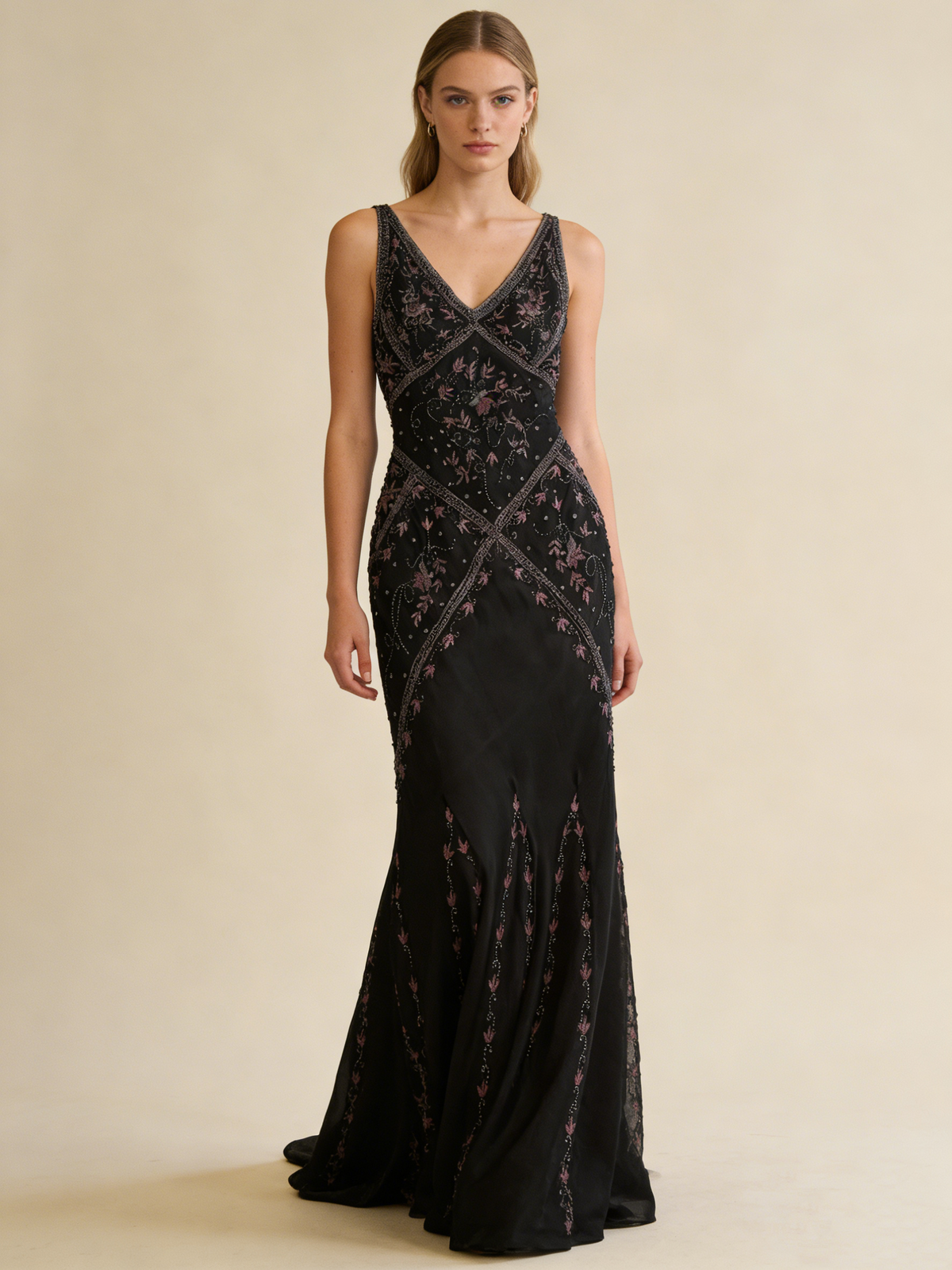 Black V Neck Sheath Beading Vinatge Long party Dress Evening Dresses, D888