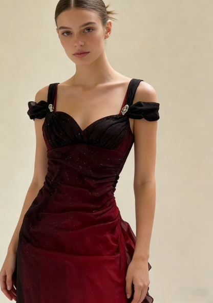Burgundy Prom Dress A Line Shiny Sweetheart Long Gala Dress Ruffled Evening Gown Birthday Party Dress  MD7587