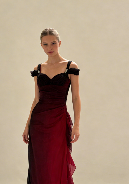 Burgundy Prom Dress A Line Shiny Sweetheart Long Gala Dress Ruffled Evening Gown Birthday Party Dress  MD7587