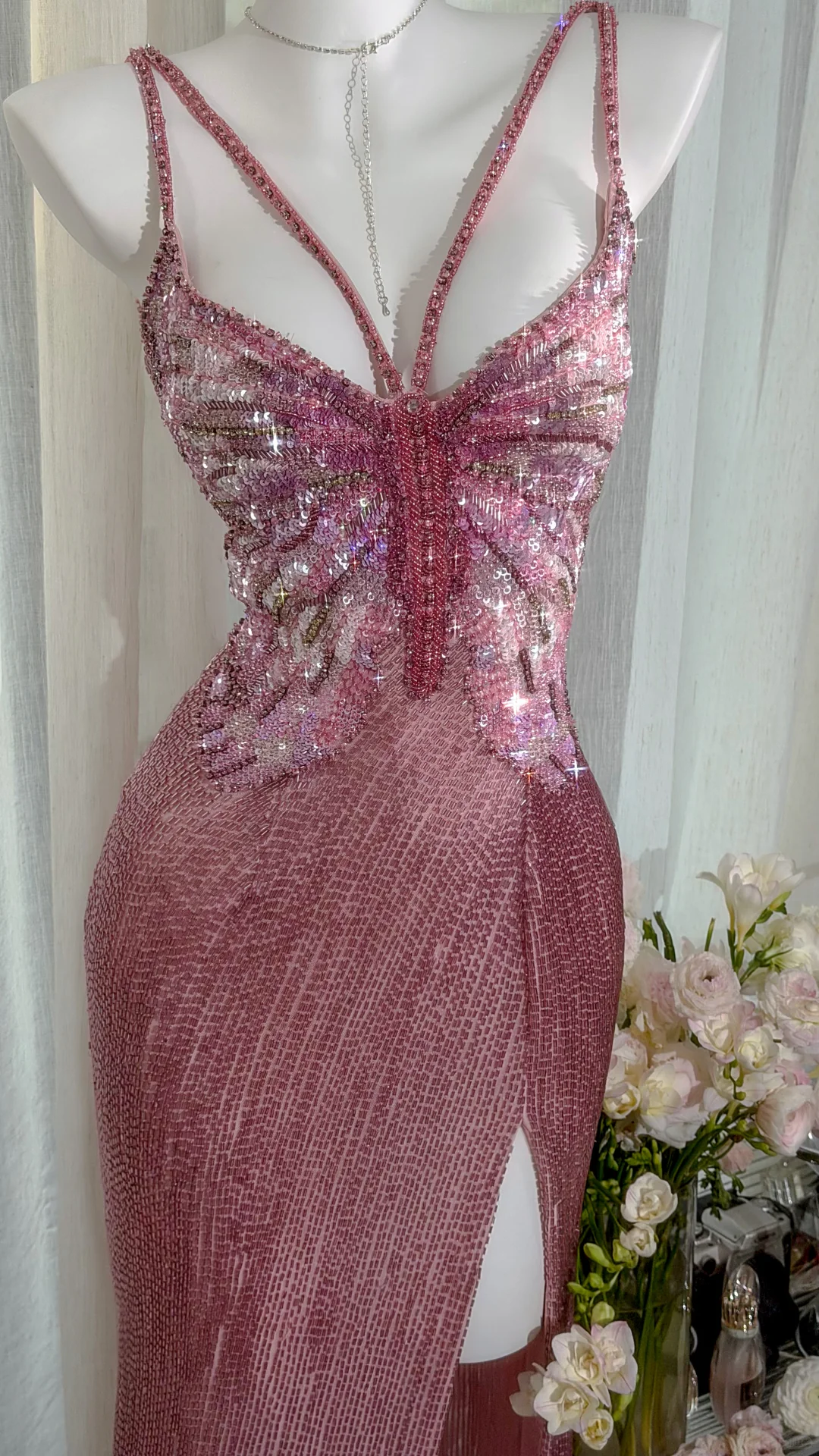 Stunning Pink Butterfly Sheath Beaded Long Prom Dress Graduation Prom Dress with Slit SH5347