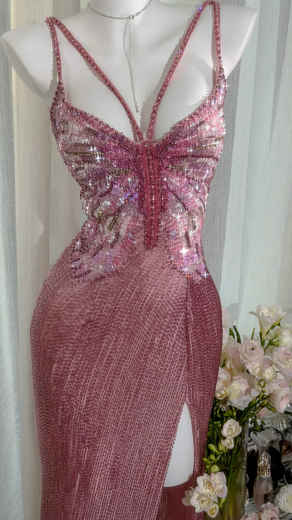 Stunning Pink Butterfly Sheath Beaded Long Prom Dress Graduation Prom Dress with Slit SH5347