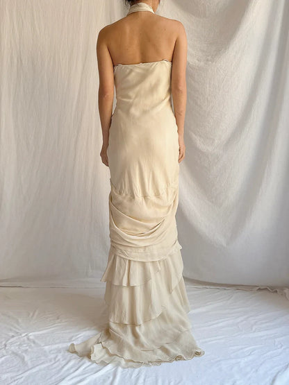 Vintage Apricot Draped Gown Featuring Strapless Neckline Dress with Scarf SH3628