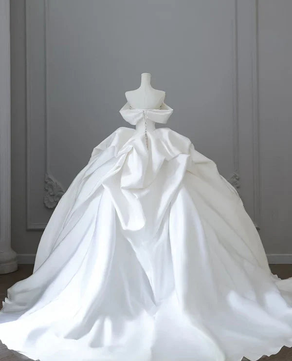 Elegant White Satin Off-the-shoulder Ruffle Ball Gown Design A-Line Wedding Dress, D1584