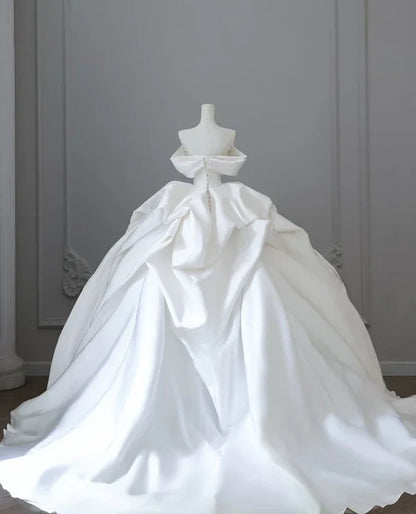Elegant White Satin Off-the-shoulder Ruffle Ball Gown Design A-Line Wedding Dress, D1584