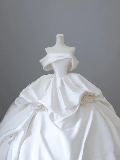 Elegant White Satin Off-the-shoulder Ruffle Ball Gown Design A-Line Wedding Dress, D1584