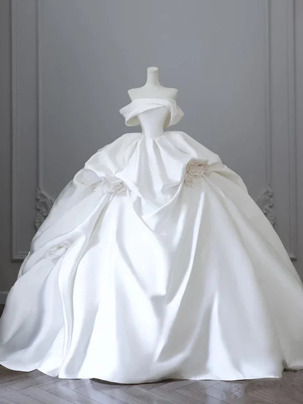 Elegant White Satin Off-the-shoulder Ruffle Ball Gown Design A-Line Wedding Dress, D1584