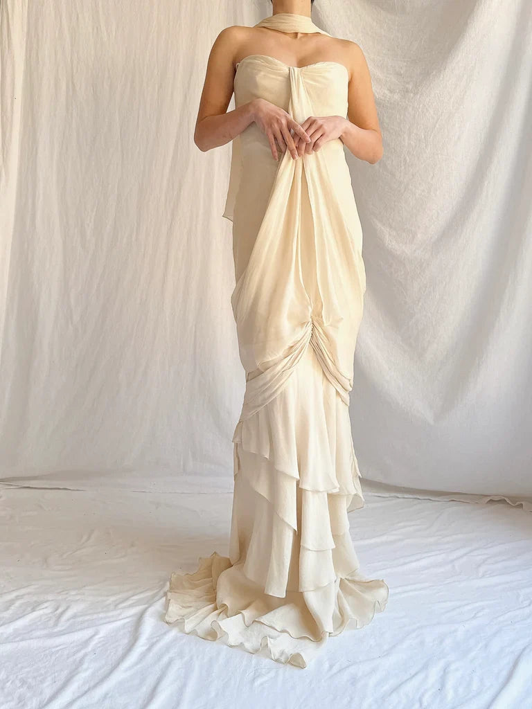 Vintage Apricot Draped Gown Featuring Strapless Neckline Dress with Scarf SH3628