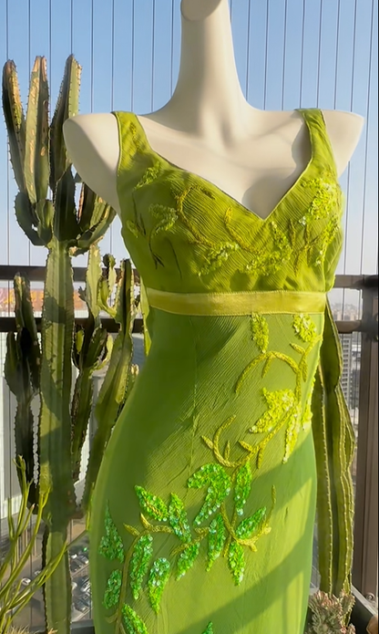 Stunning Vintage Sheath V Neck Beaded Green Blue Ombre Chiffon Prom Dress SH5177