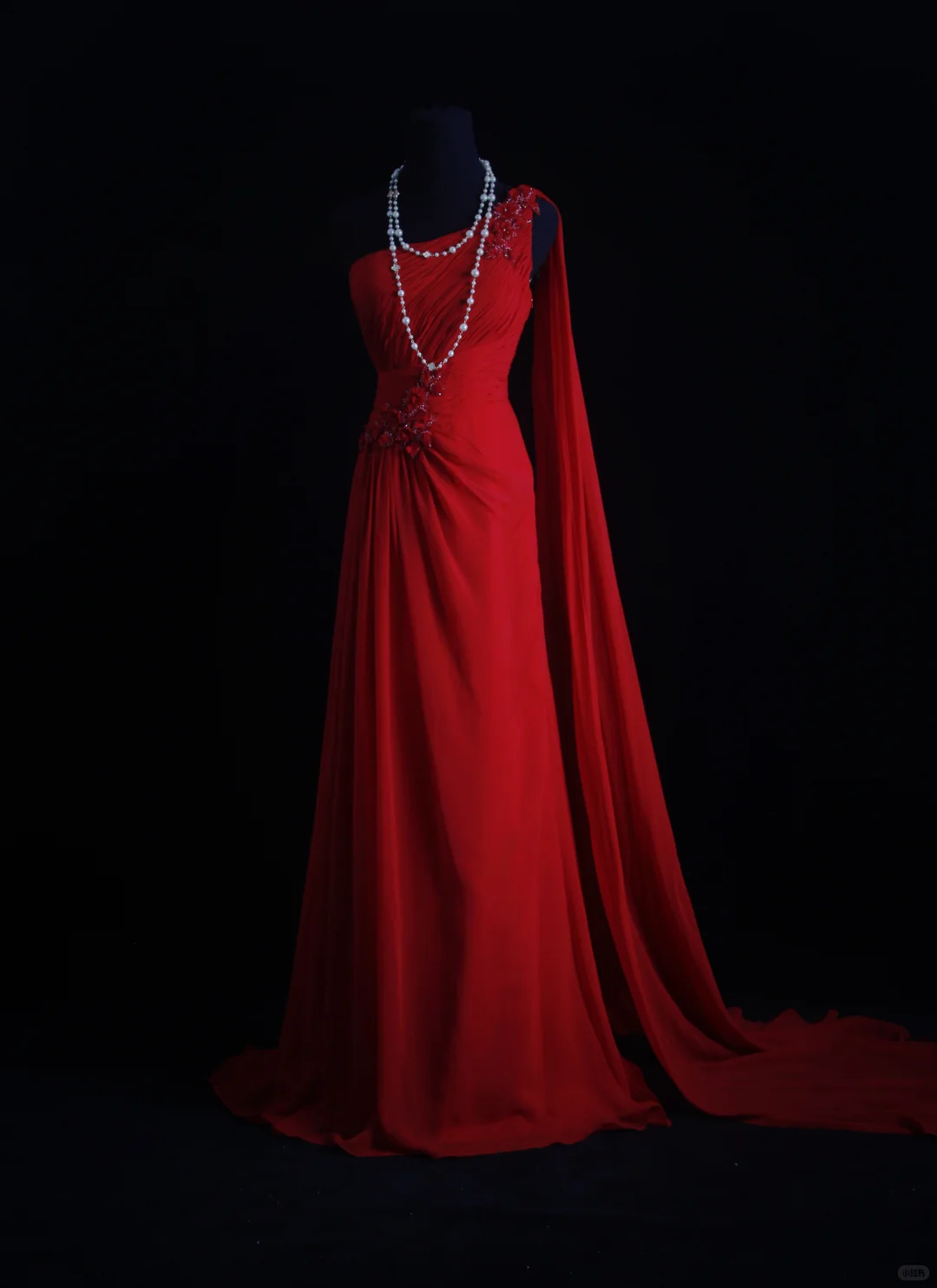 Vintage A Line One Shoulder Appliques Red Chiffon Prom Dress Wedding Guest Dress SH5335
