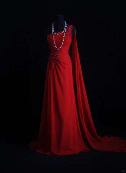 Vintage A Line One Shoulder Appliques Red Chiffon Prom Dress Wedding Guest Dress SH5335