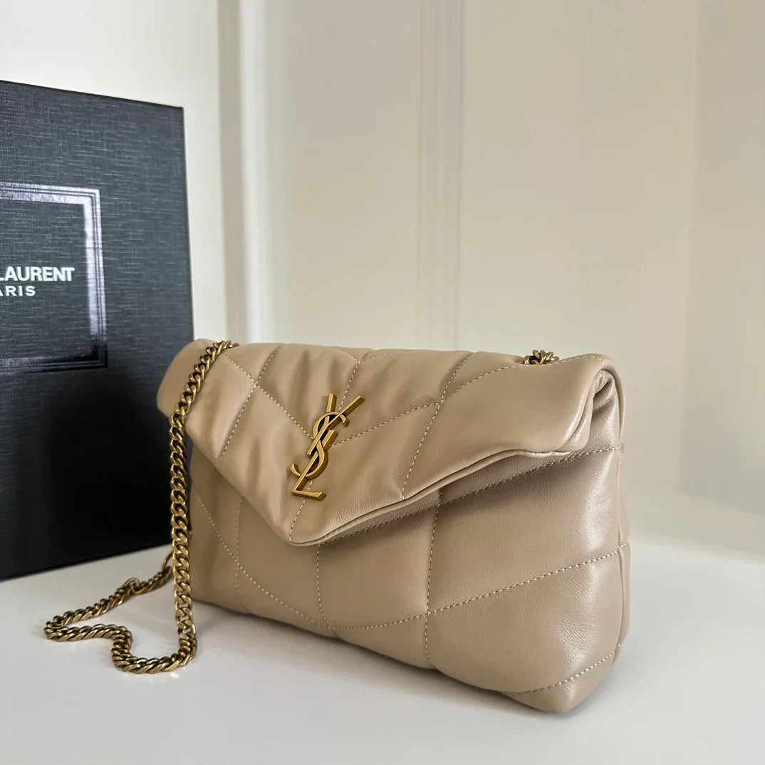 YSL  Loulou Puffer Toy Bag In Quilted Lambskin Beige Size 23x15.5x8.5