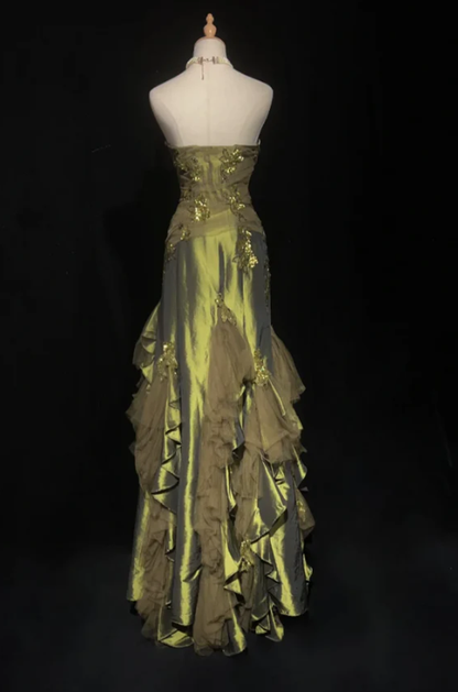 Vintage Green Mermaid Strapless Appliques Floral Satin Long Prom Dress SH5424