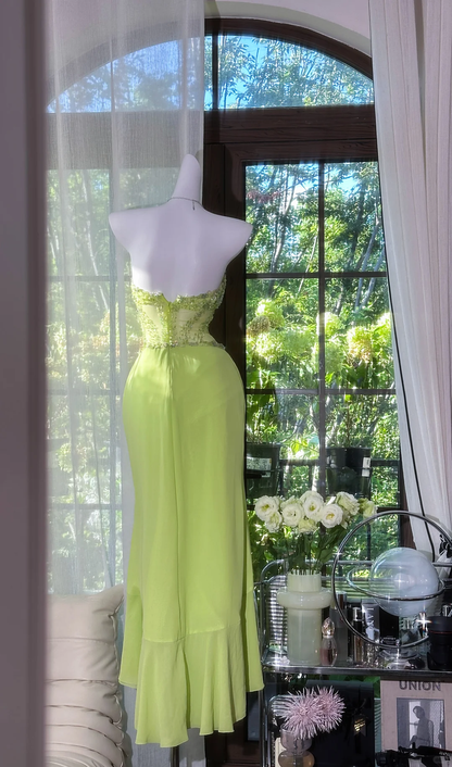 Vintage Green Mermaid Sweetheart Neck Beaded Ruffle Chiffon Prom Dress SH5122