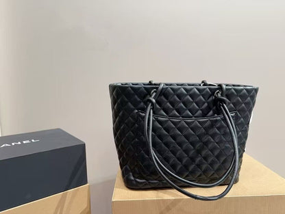 CHANEL Calfskin Quilted Large Cambon Tote Black White