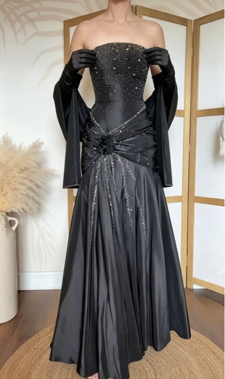 Vintage Black Mermaid Strapless Shiny Beaded Satin Long Party Dress Prom Dress SH5466