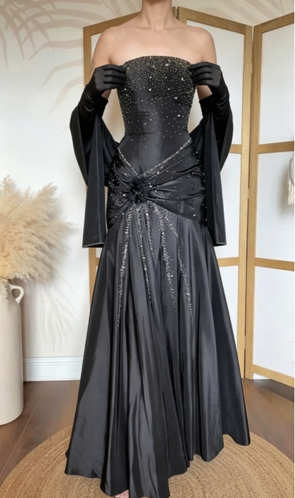 Vintage Black Mermaid Strapless Shiny Beaded Satin Long Party Dress Prom Dress SH5466