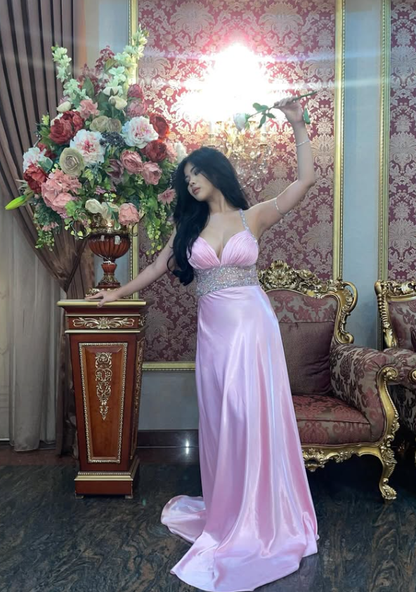 Stunning Pink A Line Halter Beaded Satin Backless Long Prom Dress Graduation Prom Dress SH5487