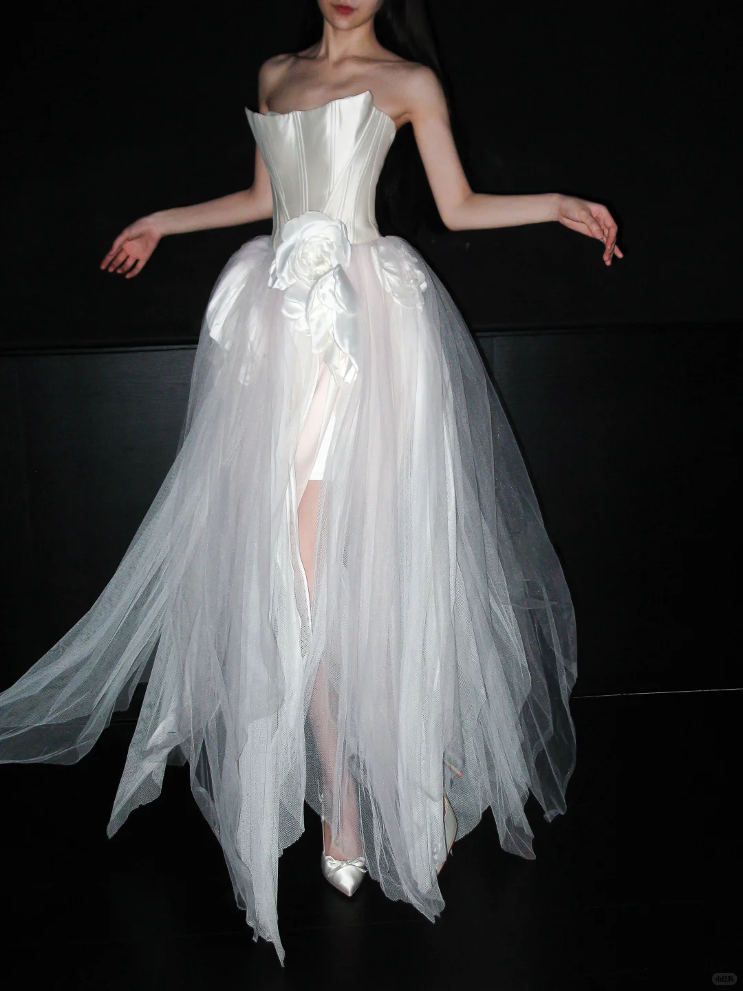 Unique A Line Strapless 3D Floral White Satin Tulle Long Wedding Dress SH5964