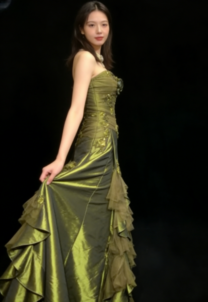 Vintage Green Mermaid Strapless Appliques Floral Satin Long Prom Dress SH5424