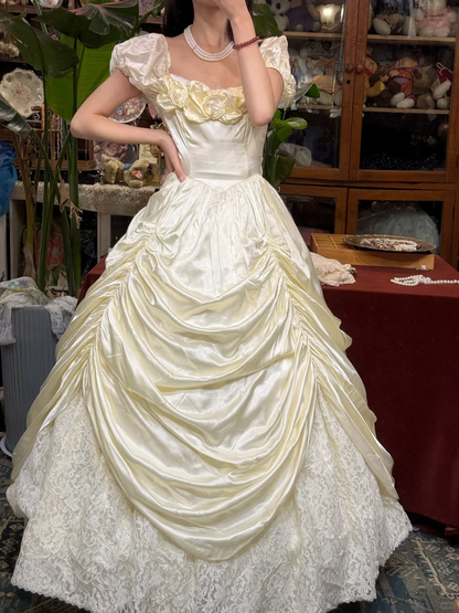 Vintage Ball Gown Puff Ivory Lace Satin Prom Dress 16th Birthday Dress SH5561