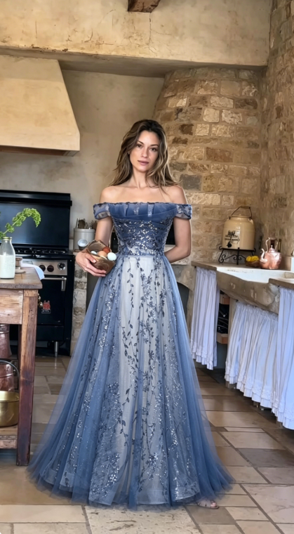 Stunning Blue Tulle Off Shoulder A Line Long Prom Dress, Evening Dress With Sleeve KS7424