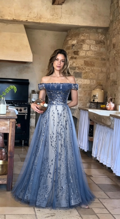 Stunning Blue Tulle Off Shoulder A Line Long Prom Dress, Evening Dress With Sleeve KS7424
