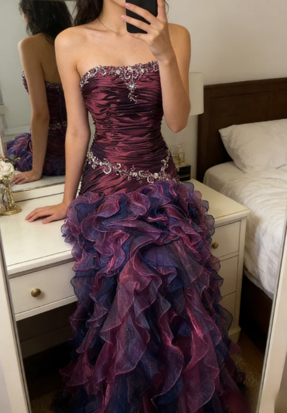 Vintage Grape A Line Strapless Appliques Ruffle Organza Long Prom Dress SH5425