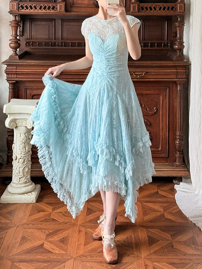 Vintage Blue A Line Lace Backless Prom Dress Evening Dress SH5659
